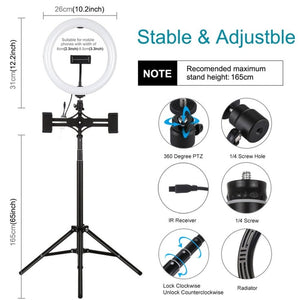 PULUZ 10.2 inch 26cm RGBW Light + 1.65m Tripod Mount + Dual Phone Bracket Curved Surface USB RGBW Dimmable LED Ring Selfie Beauty Vlogging Video Light Live Broadcast Kits with Cold Shoe Tripod Ball Head & Phone Clamp & Remote Control�������������������... - laboratorydeal