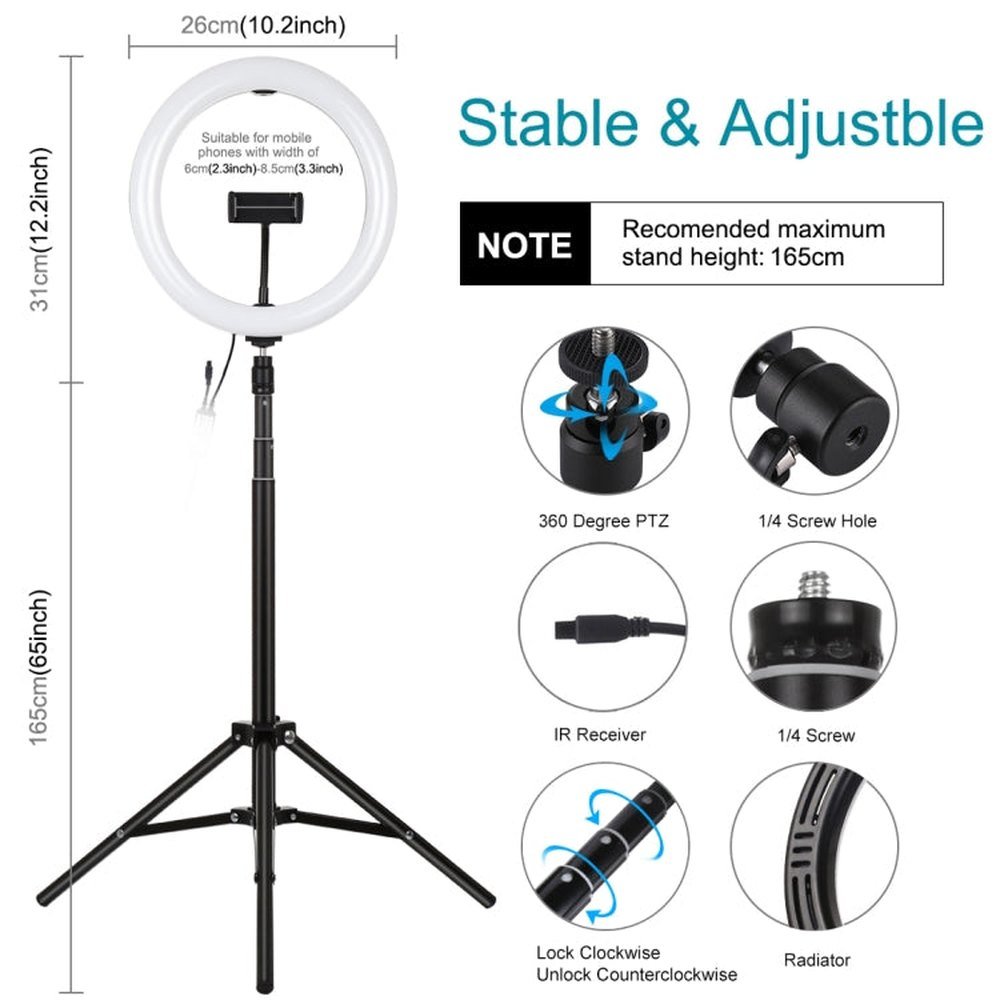 PULUZ 10.2 inch 26cm RGBW Light + 1.65m Tripod Mount Curved Surface USB RGBW Dimmable LED Ring Vlogging Video Light Live Broadcast Kits with Cold Shoe Tripod Ball Head & Phone Clamp & Remote Control, 10.2 inch RGBW+1.65m Tripod - laboratorydeal