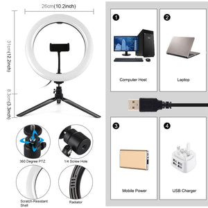 PULUZ 10.2 inch 26cm Selfie Beauty Light + Desktop Tripod Mount USB 3 Modes Dimmable LED Ring Vlogging Selfie Photography Video Lights with Cold Shoe Tripod Ball Head & Phone Clamp, Tripod Mount + 10.2 inch - laboratorydeal