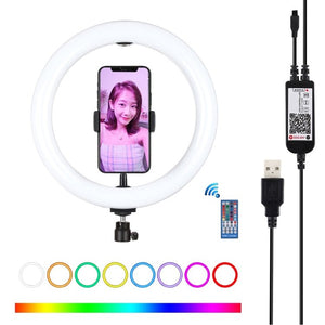 PULUZ 10.2 inch 26cm USB RGBW Dimmable LED Ring Vlogging Photography Video Lights with Tripod Ball Head & Remote Control & Phone Clamp, 10.2 inch RGBW / Remote - laboratorydeal