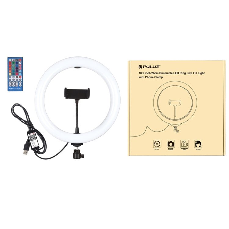 PULUZ 10.2 inch 26cm USB RGBW Dimmable LED Ring Vlogging Photography Video Lights with Tripod Ball Head & Remote Control & Phone Clamp, 10.2 inch RGBW / Remote - laboratorydeal