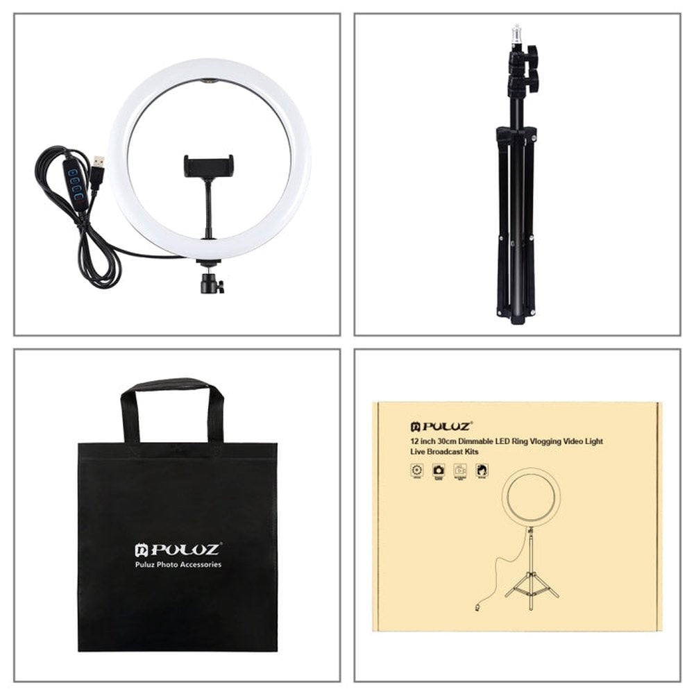 PULUZ 11.8 inch 30cm Light + 1.1m Tripod Mount Curved Surface USB 3 Modes Dimmable Dual Color Temperature LED Ring Vlogging Video Light Live Broadcast Kits with Phone Clamp, 11.8 inch+1.1m Tripod - laboratorydeal