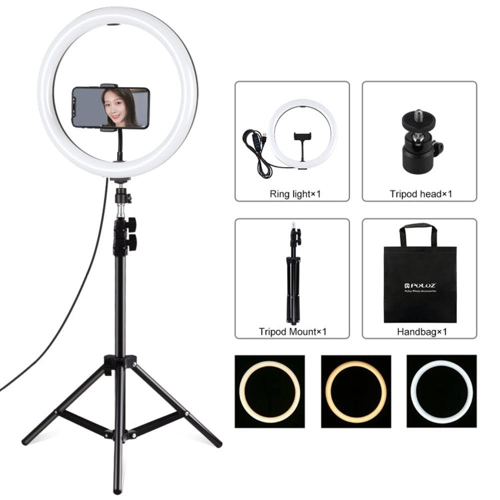 PULUZ 11.8 inch 30cm Light + 1.1m Tripod Mount Curved Surface USB 3 Modes Dimmable Dual Color Temperature LED Ring Vlogging Video Light Live Broadcast Kits with Phone Clamp, 11.8 inch+1.1m Tripod - laboratorydeal
