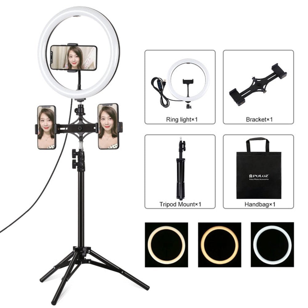 PULUZ 11.8 inch 30cm Light + 1.1m Tripod Mount + Dual Phone Brackets Curved Surface USB 3 Modes Dimmable Dual Color Temperature LED Ring Vlogging Video Light Live Broadcast Kits with Phone Clamp, 11.8 inch+1.1m Tripod+Dual Bracket - laboratorydeal