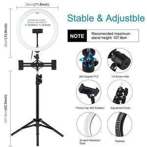 PULUZ 11.8 inch 30cm Light + 1.1m Tripod Mount + Dual Phone Brackets Curved Surface USB 3 Modes Dimmable Dual Color Temperature LED Ring Vlogging Video Light Live Broadcast Kits with Phone Clamp, 11.8 inch+1.1m Tripod+Dual Bracket - laboratorydeal