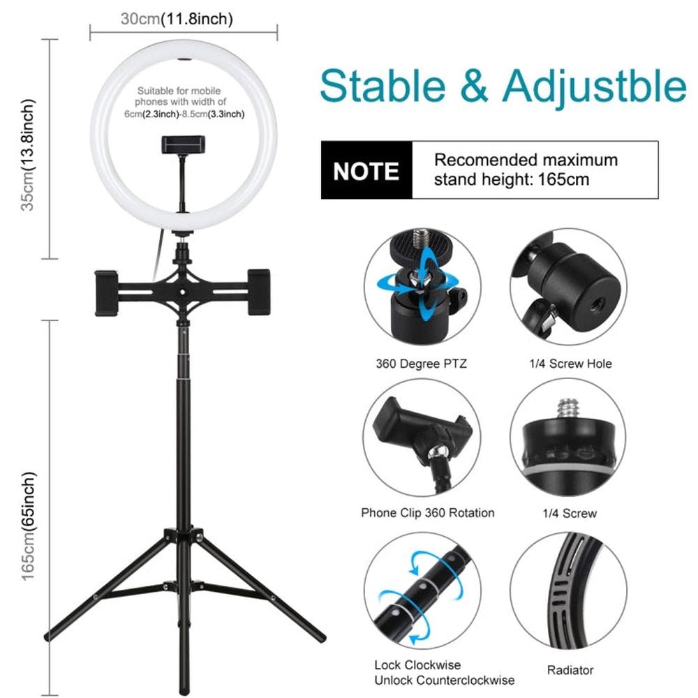 PULUZ 11.8 inch 30cm Light + 1.65m Tripod + Dual Phone Bracket Curved Surface USB 3 Modes Dimmable Dual Color Temperature LED Ring Vlogging Video Light Live Broadcast Kits with Phone Clamp, 11.8 inch+1.65m Tripod+Dual Bracket - laboratorydeal