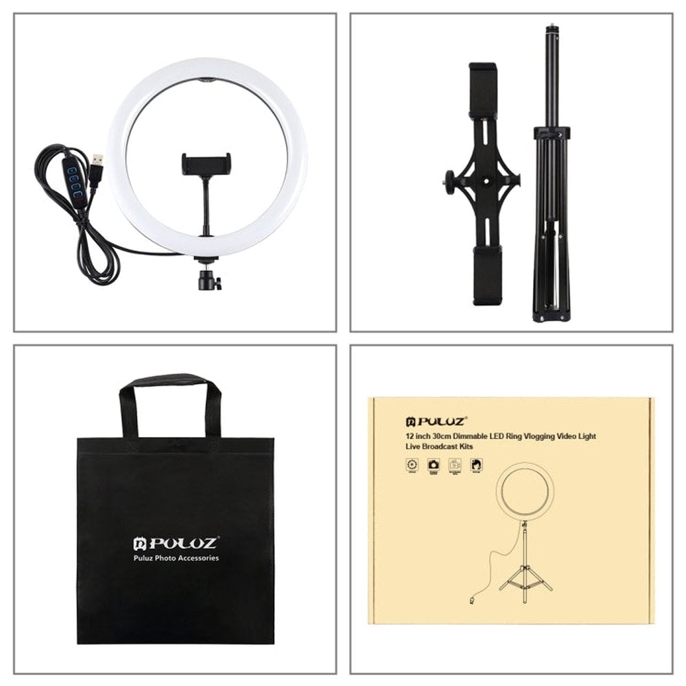 PULUZ 11.8 inch 30cm Light + 1.65m Tripod + Dual Phone Bracket Curved Surface USB 3 Modes Dimmable Dual Color Temperature LED Ring Vlogging Video Light Live Broadcast Kits with Phone Clamp, 11.8 inch+1.65m Tripod+Dual Bracket - laboratorydeal