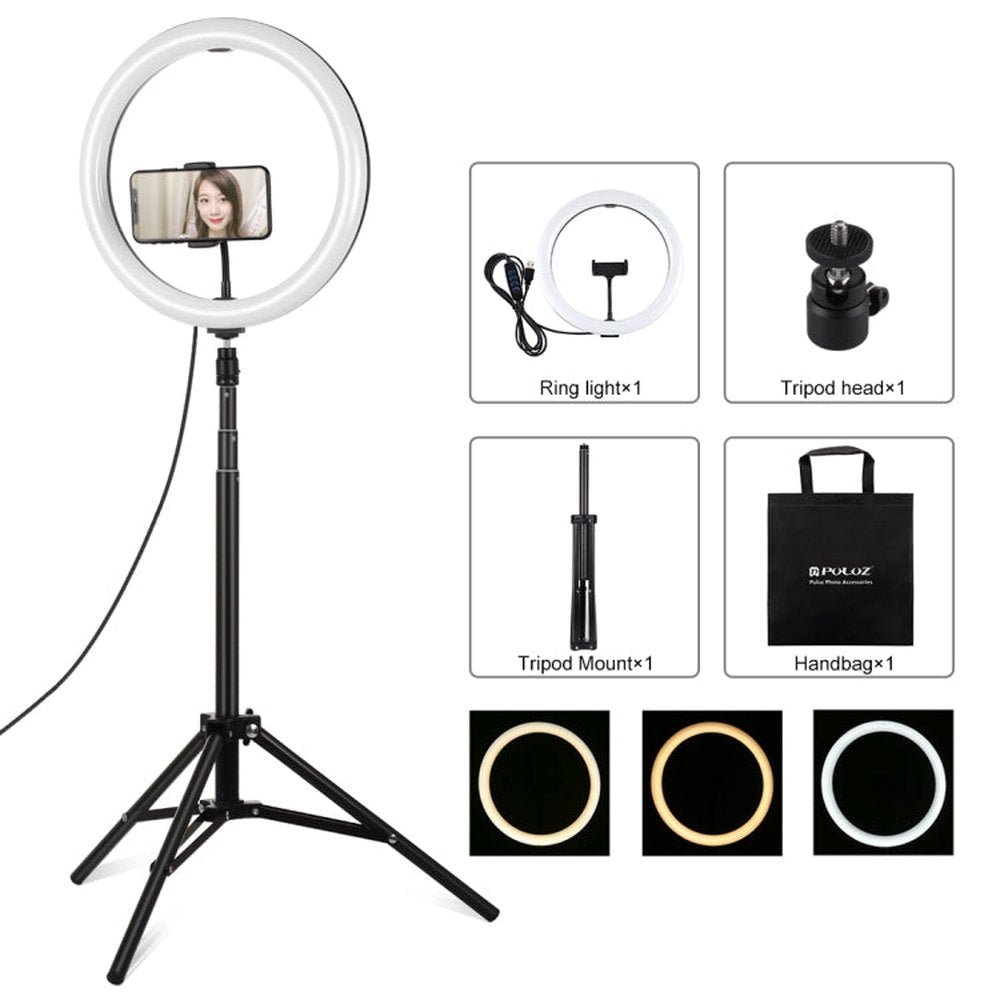 PULUZ 11.8 inch 30cm Light + 1.65m Tripod Mount Curved Surface USB 3 Modes Dimmable Dual Color Temperature LED Ring Vlogging Video Light Live Broadcast Kits with Phone Clamp, 11.8 inch+1.65m Tripod - laboratorydeal