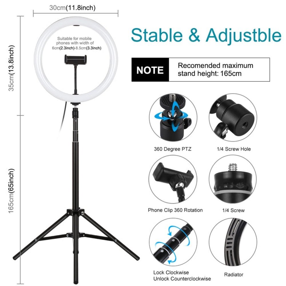 PULUZ 11.8 inch 30cm Light + 1.65m Tripod Mount Curved Surface USB 3 Modes Dimmable Dual Color Temperature LED Ring Vlogging Video Light Live Broadcast Kits with Phone Clamp, 11.8 inch+1.65m Tripod - laboratorydeal