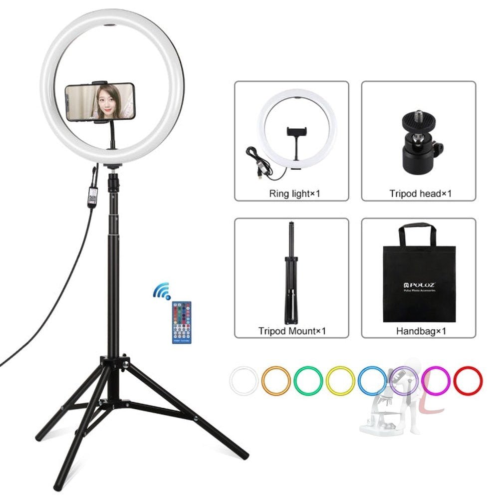 PULUZ 11.8 inch 30cm RGBW Light + 1.65m Mount Curved Surface RGBW Dimmable LED Ring Selfie Vlogging Light Live Broadcast Kits with Cold Shoe Tripod Adapter & Phone Clamp & Remote Control, 11.8 inch RGBW+1.65m Tripod - laboratorydeal