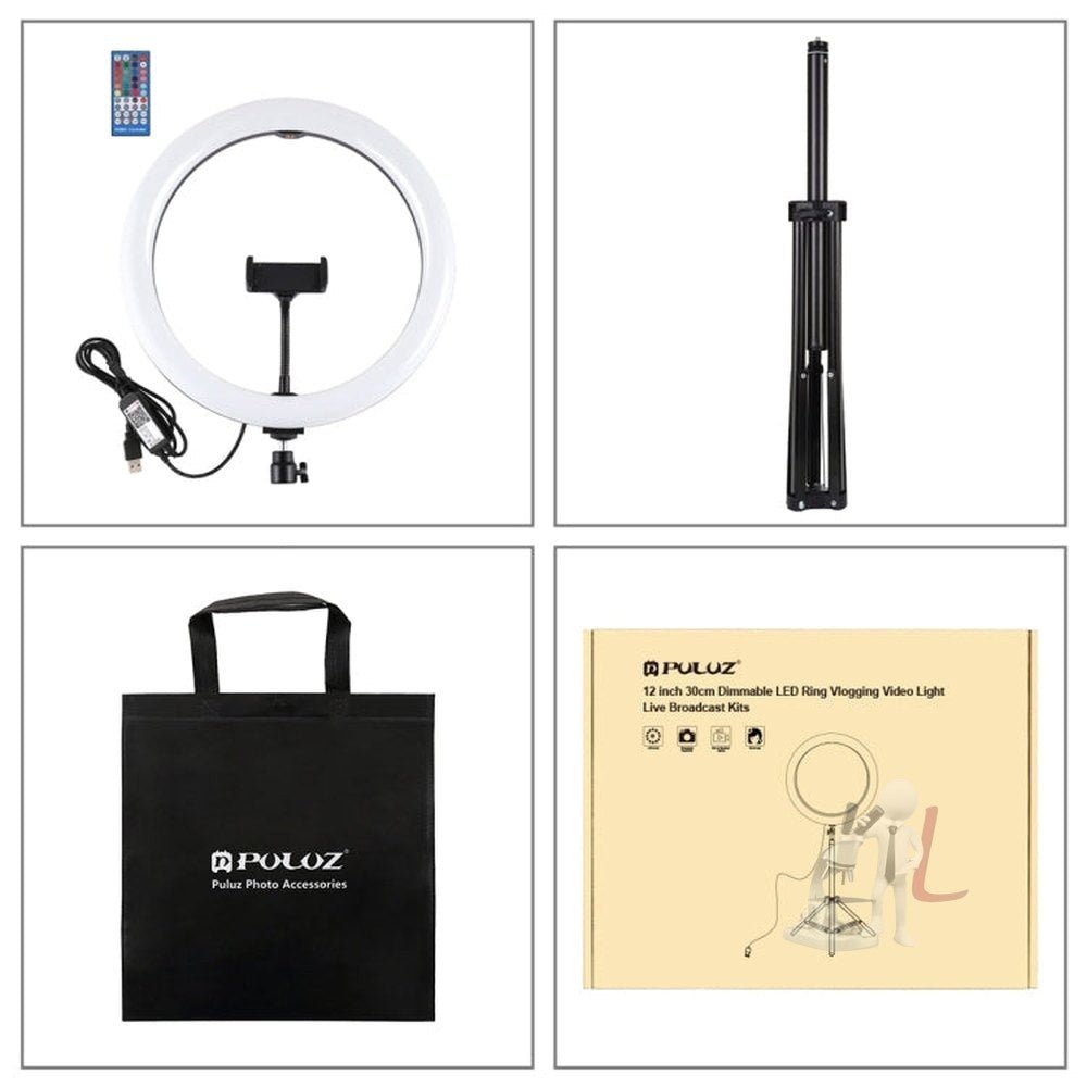 PULUZ 11.8 inch 30cm RGBW Light + 1.65m Mount Curved Surface RGBW Dimmable LED Ring Selfie Vlogging Light Live Broadcast Kits with Cold Shoe Tripod Adapter & Phone Clamp & Remote Control, 11.8 inch RGBW+1.65m Tripod - laboratorydeal