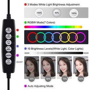 PULUZ 4.7 inch 12cm Curved Surface USB 10 Modes 8 Colors RGBW Dimmable LED Ring Vlogging Photography Video Lights with Tripod Ball Head, 4.7 inch RGBW - laboratorydeal
