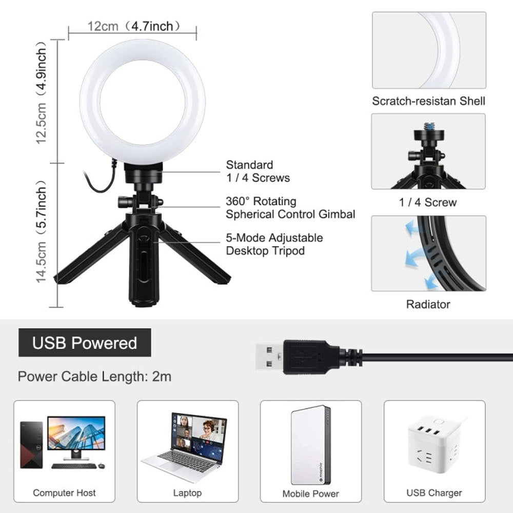 PULUZ 4.7 inch 12cm USB 3 Modes Dimmable LED Ring Vlogging Photography Video Lights + Pocket Tripod Mount Kit with Cold Shoe Tripod Ball Head, 4.7 inch Light+Pocket Tripod - laboratorydeal