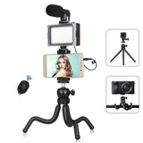 PULUZ  4 in 1 Vlogging Live Mini Octopus Bracket Kit + Studio Light + Microphone + Phone Clamp Kits, 4 in 1 Tripod
