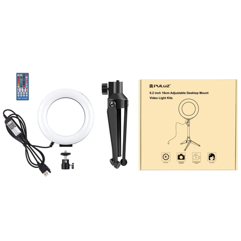 PULUZ 6.2 inch 16cm RGBW Light + Desktop Tripod Mount + USB Dimmable LED Ring Vlogging Photography Video Lights with Cold Shoe Tripod Ball Head & Remote Control, Tripod Mount + 6.2 inch RGBW / Remote - laboratorydeal