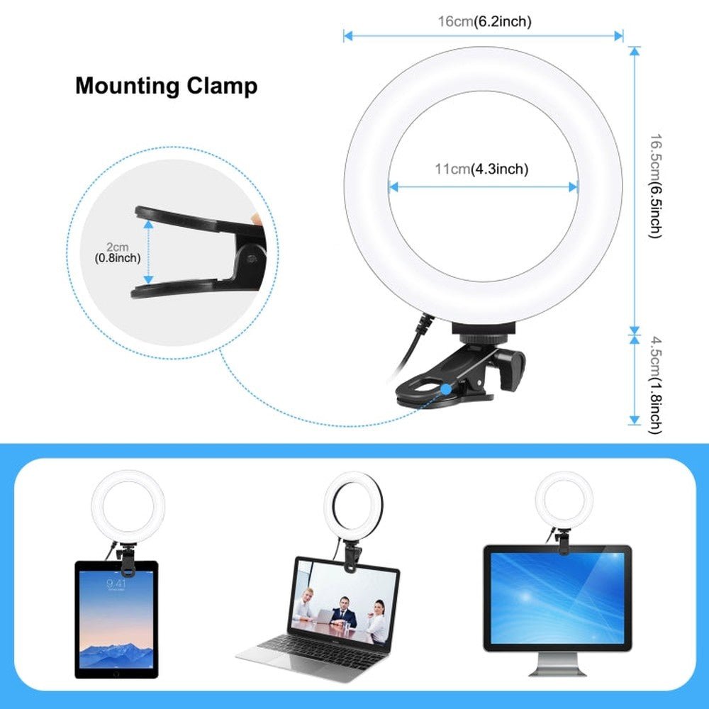 PULUZ 6.2 inch 16cm Ring Selfie Light 3 Modes USB Dimmable Dual Color Temperature LED Curved Vlogging Photography Video Lights with Monitor Clip Holder, 6.2 inch Light+Clip - laboratorydeal