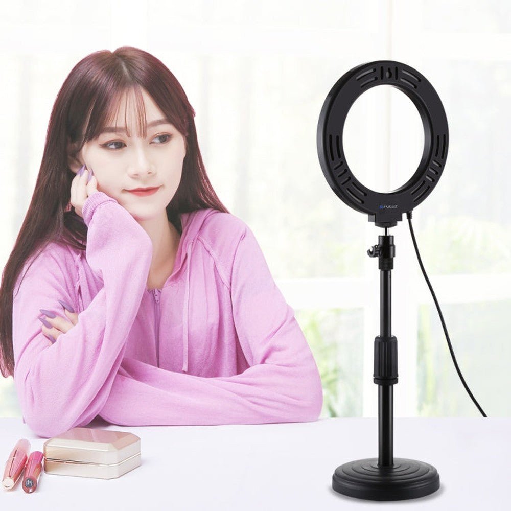PULUZ 6.2 inch 16cm USB 10 Modes 8 Colors RGBW Dimmable LED Ring Vlogging Photography Video Lights + Round Base Desktop Mount with Cold Shoe Tripod Ball Head, 6.2 inch RGBW+Desktop Mount - laboratorydeal