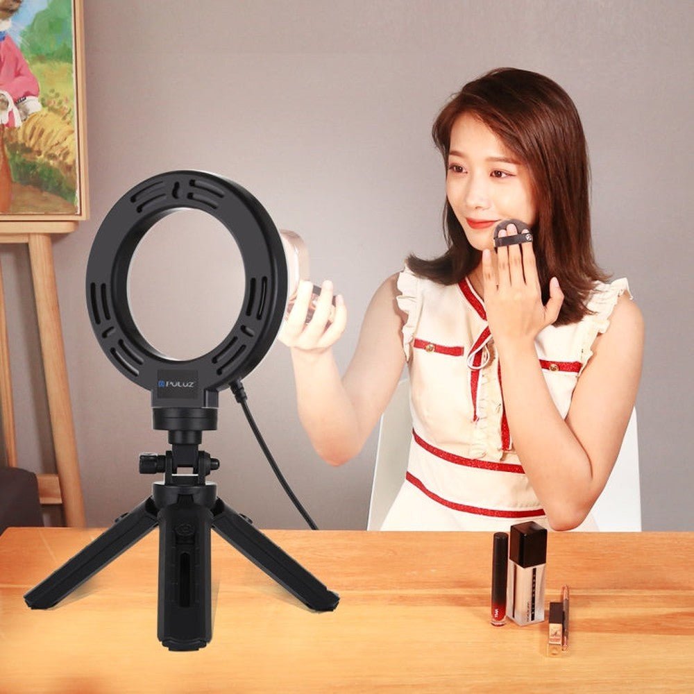 PULUZ 6.2 inch 16cm USB 3 Modes Dimmable LED Ring Vlogging Photography Video Lights + Pocket Tripod Mount Kit with Cold Shoe Tripod Ball Head, 6.2 inch Light+Pocket Tripod - laboratorydeal