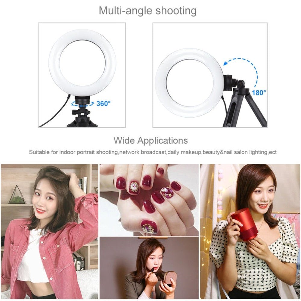 PULUZ 6.2 inch 16cm USB 3 Modes Dimmable LED Ring Vlogging Photography Video Lights + Pocket Tripod Mount Kit with Cold Shoe Tripod Ball Head, 6.2 inch Light+Pocket Tripod - laboratorydeal