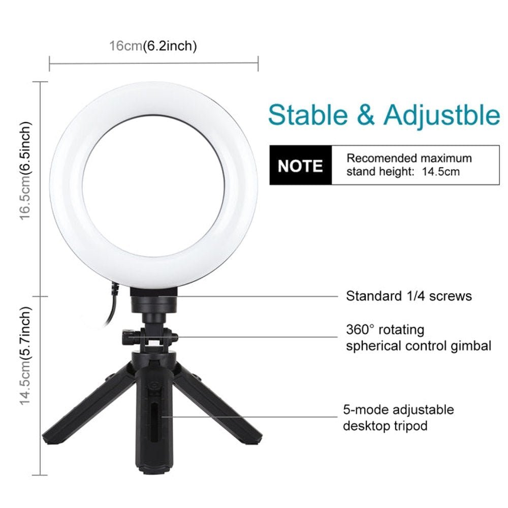 PULUZ 6.2 inch 16cm USB 3 Modes Dimmable LED Ring Vlogging Photography Video Lights + Pocket Tripod Mount Kit with Cold Shoe Tripod Ball Head, 6.2 inch Light+Pocket Tripod - laboratorydeal