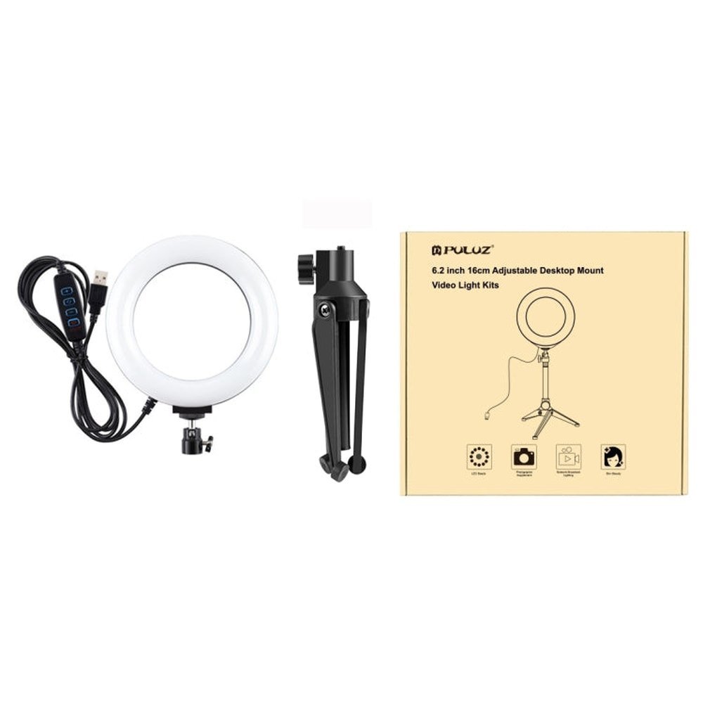 PULUZ 6.2 inch 16cm USB 3 Modes Dimmable LED Ring Vlogging Photography Video Lights + Desktop Tripod Holder with Cold Shoe Tripod Ball Head, Tripod Mount+6.2 inch Light - laboratorydeal