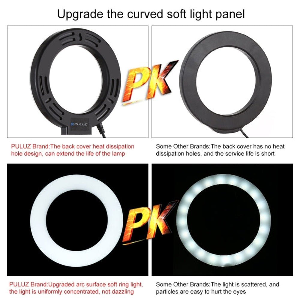 PULUZ 6.2 inch 16cm USB 3 Modes Dimmable LED Ring Vlogging Photography Video Lights + Desktop Tripod Holder with Cold Shoe Tripod Ball Head, Tripod Mount+6.2 inch Light - laboratorydeal