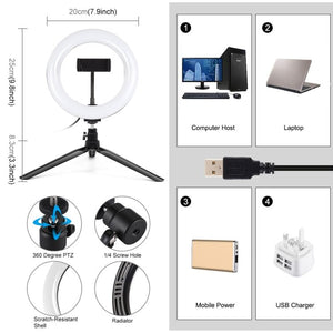 PULUZ 7.9 inch 20cm Light + Desktop Tripod Mount USB 3 Modes Dimmable Dual Color Temperature LED Curved Light Ring Vlogging Selfie Beauty Photography Video Lights with Phone Clamp, 7.9 inch+Tripod - laboratorydeal