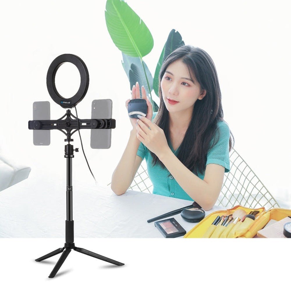 PULUZ Tripod Mount + Extension Rod + Live Broadcast Dual Phone Bracket + 6.2 inch 16cm LED Ring Vlogging Video Light Kits, 4 in 1 Live Broadcast Kits - laboratorydeal