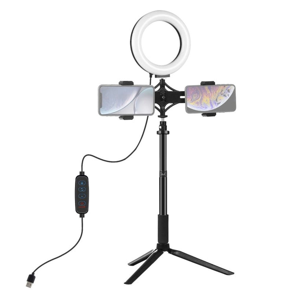 PULUZ Tripod Mount + Extension Rod + Live Broadcast Dual Phone Bracket + 6.2 inch 16cm LED Ring Vlogging Video Light Kits, 4 in 1 Live Broadcast Kits - laboratorydeal