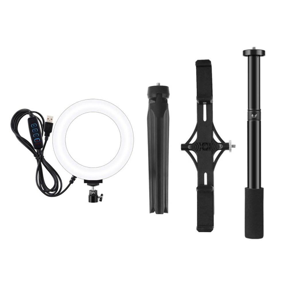 PULUZ Tripod Mount + Extension Rod + Live Broadcast Dual Phone Bracket + 6.2 inch 16cm LED Ring Vlogging Video Light Kits, 4 in 1 Live Broadcast Kits - laboratorydeal
