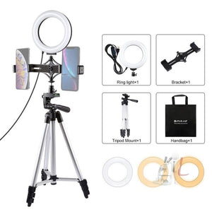 PULUZ Tripod Mount + Live Broadcast Dual Phone Bracket + 6.2 inch 16cm LED Ring Vlogging Video Light Kits, 3 in 1 - laboratorydeal