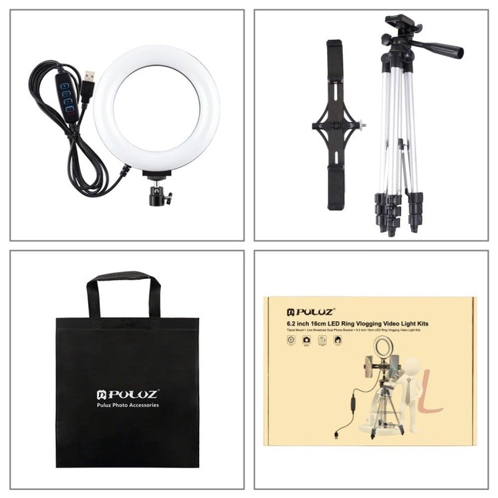 PULUZ Tripod Mount + Live Broadcast Dual Phone Bracket + 6.2 inch 16cm LED Ring Vlogging Video Light Kits, 3 in 1 - laboratorydeal