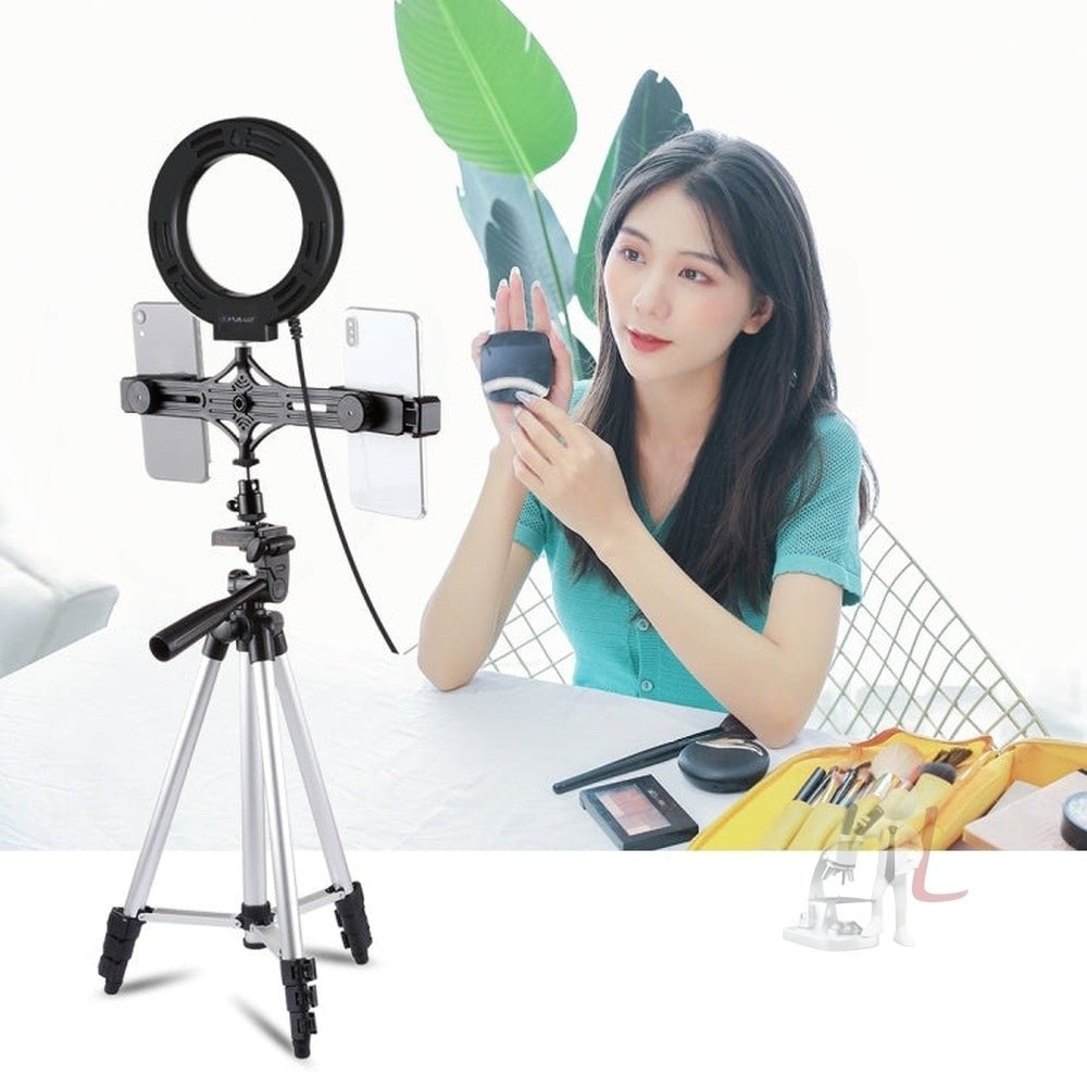 PULUZ Tripod Mount + Live Broadcast Dual Phone Bracket + 6.2 inch 16cm LED Ring Vlogging Video Light Kits, 3 in 1 - laboratorydeal