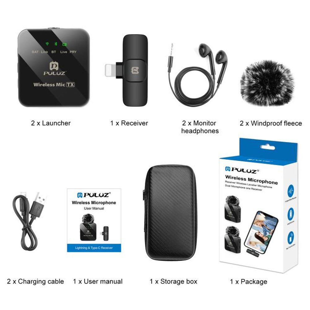 PULUZ Wireless Lavalier Microphone for iPhone / iPad, 8 - Pin Receiver and Dual Microphones, 8 - Pin 2 TX + 1 RX - laboratorydeal