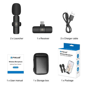 PULUZ Wireless Lavalier Noise Reduction Reverb Microphones for Type - C Phone, Type - C Receiver and Dual Microphones, Type - C Receiver and Dual Microphones - laboratorydeal