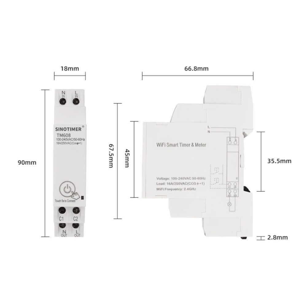 SINOTIMER TM608 Smart WiFi Single-Phase Power Meter Mobile App Home Rail Meter 16A 100-240V, TM608