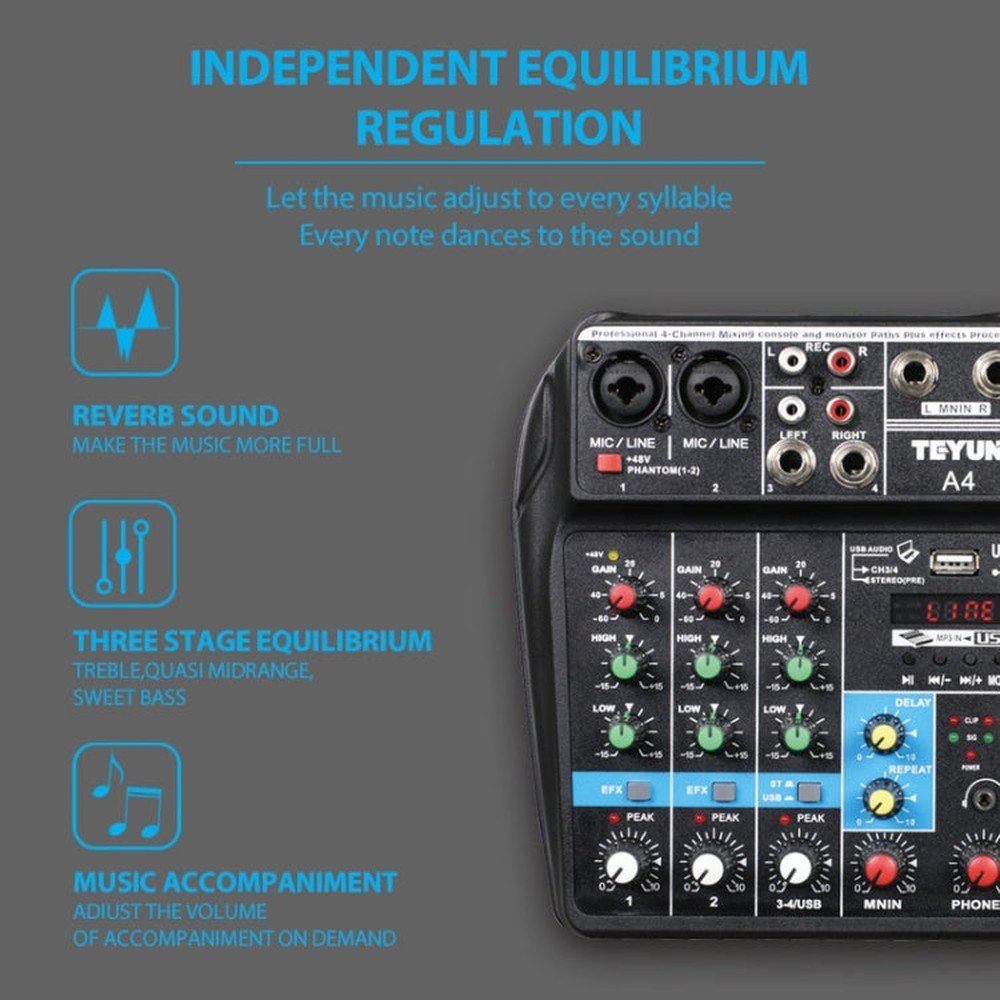 TEYUN A4 4 - way Small Microphone Digital Mixer Live Recording Effector - laboratorydeal