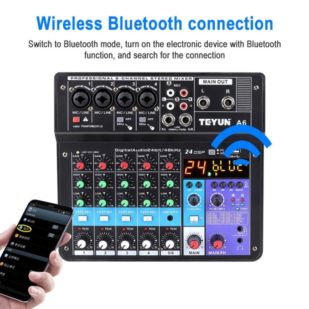 TEYUN NA6 6 - channel Small Mixing Console Mobile Phone Sound Card Live Broadcast Computer Recording Console Processor, EU Plug, NA6 EU Plug - laboratorydeal