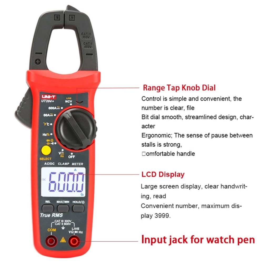 UNI-T  UT204+ 600A  Digital Clamp Meter AC DC Voltage Detector, UT204+ 600A