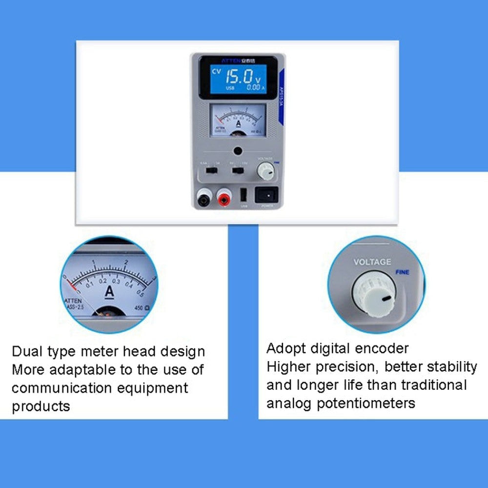 USB Digital Variable Adjustable Laboratory DC Power Supply For Mobile Repair, EU Plug, ATTEN APS22-5A 22V 5A