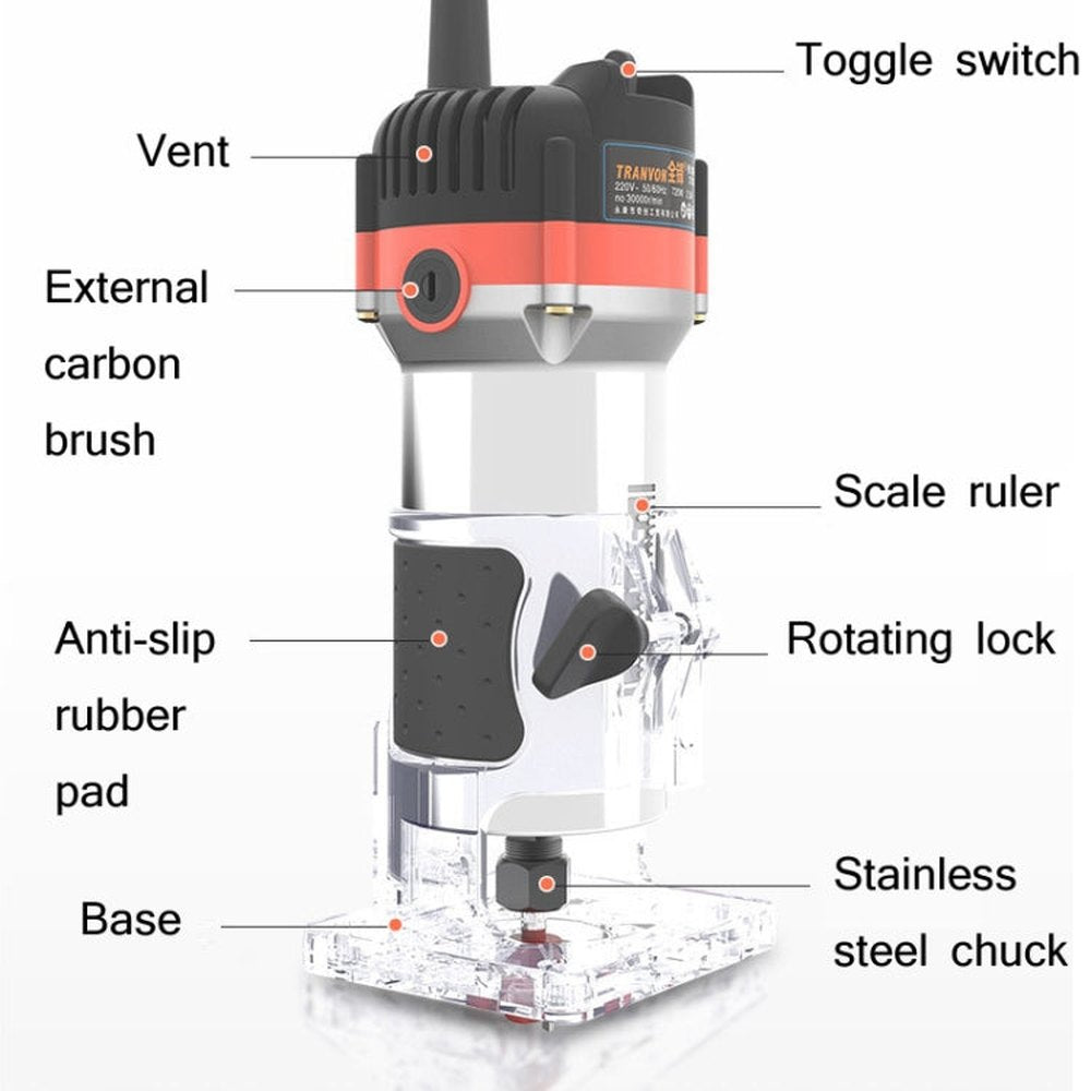 Woodworking Trimming Machine Multifunctional Electric Wood Milling Slotting Machine Engraving Tools EU Plug, 600W Plastic Body, 720W Aluminum Body - laboratorydeal