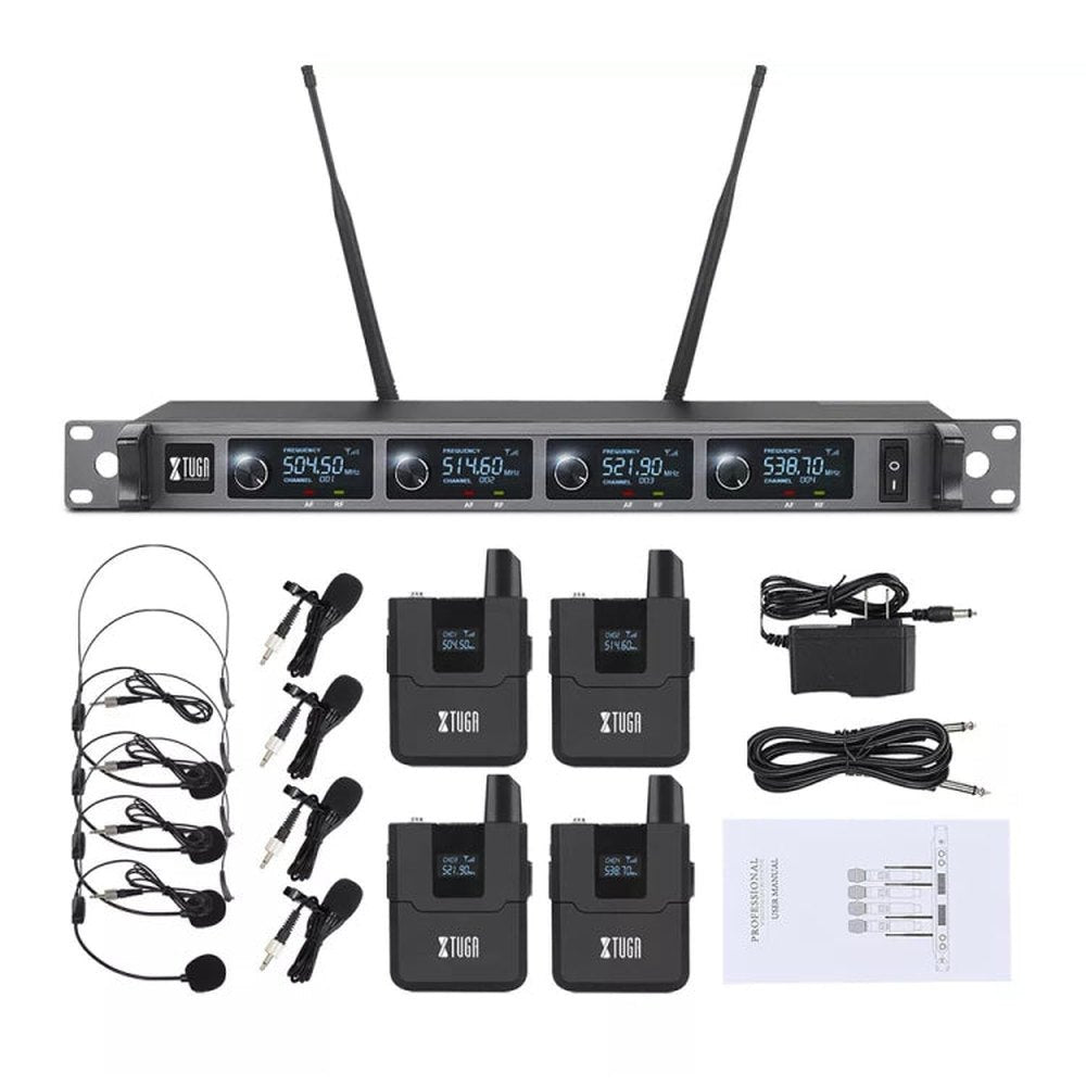 XTUGA A140 - B Wireless Microphone System 4 BodyPack Headset Lavalier Microphone, A140 - B - laboratorydeal