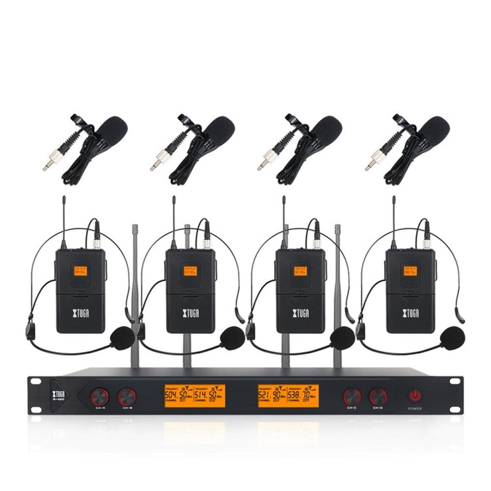 XTUGA A400 - B Professional 4 - Channel UHF Wireless Microphone System with 4 BodyPack Lavalier Headset Microphone, A400 - B - laboratorydeal