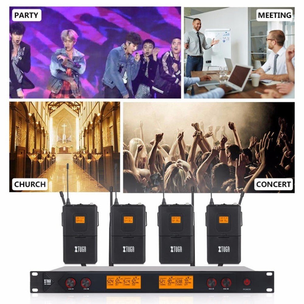 XTUGA A400 - B Professional 4 - Channel UHF Wireless Microphone System with 4 BodyPack Lavalier Headset Microphone, A400 - B - laboratorydeal