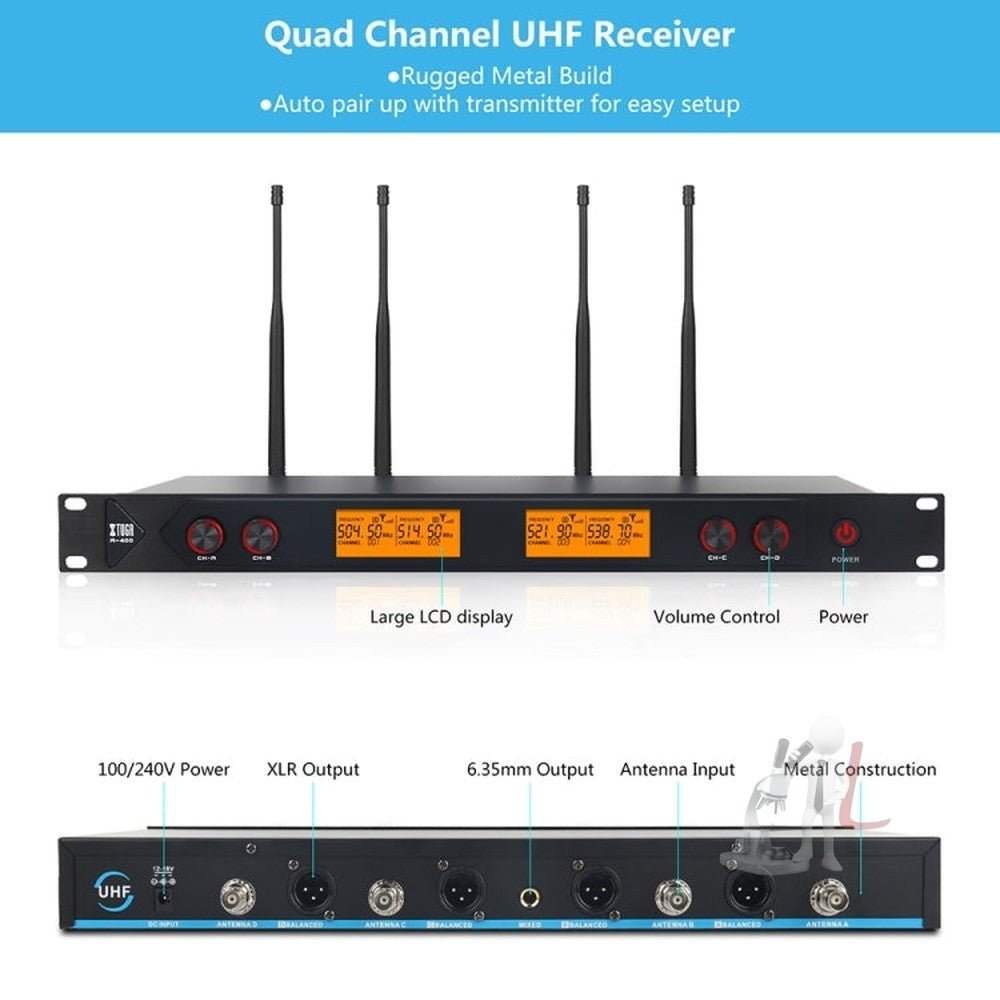 XTUGA A400 - H Professional 4 - Channel UHF Wireless Microphone System with 4 Handheld Microphone, A400 - H - laboratorydeal