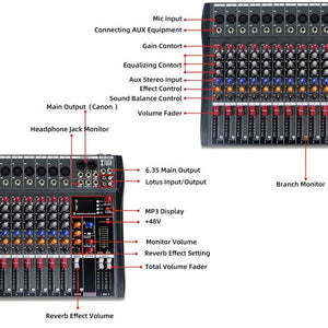 XTUGA CT120X 12 - Channels Audio Mixer DJ Mixing Console with 48V Power Supply, CT120X - laboratorydeal