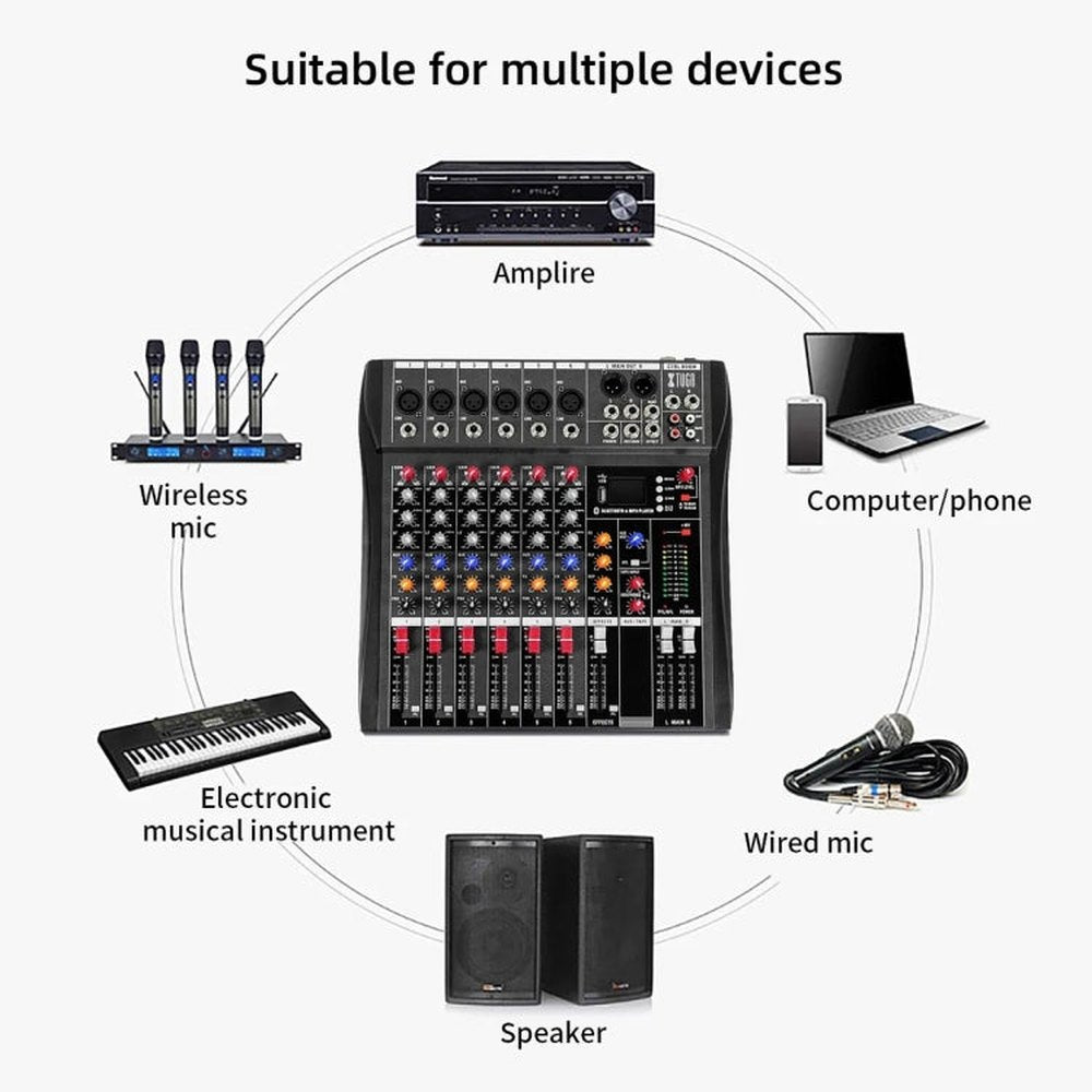 XTUGA CT60X 6-Channels Audio Mixer DJ Mixing Console with 48V