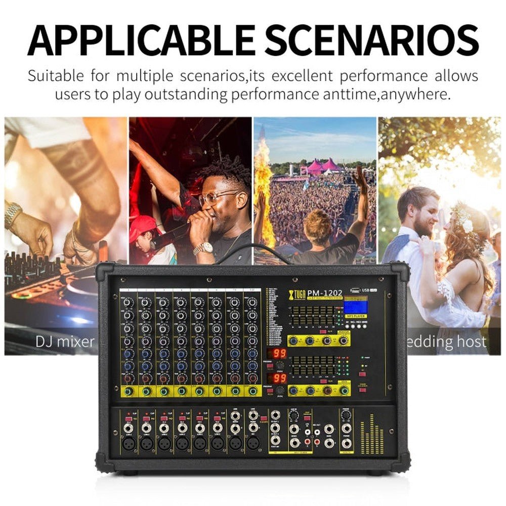 XTUGA PM1202 900W 10 Channel Stage Power Mixer 24Bit Multil - FX Processor Dual 99 DSP Effect DJ Amplifier, PM1202 - laboratorydeal