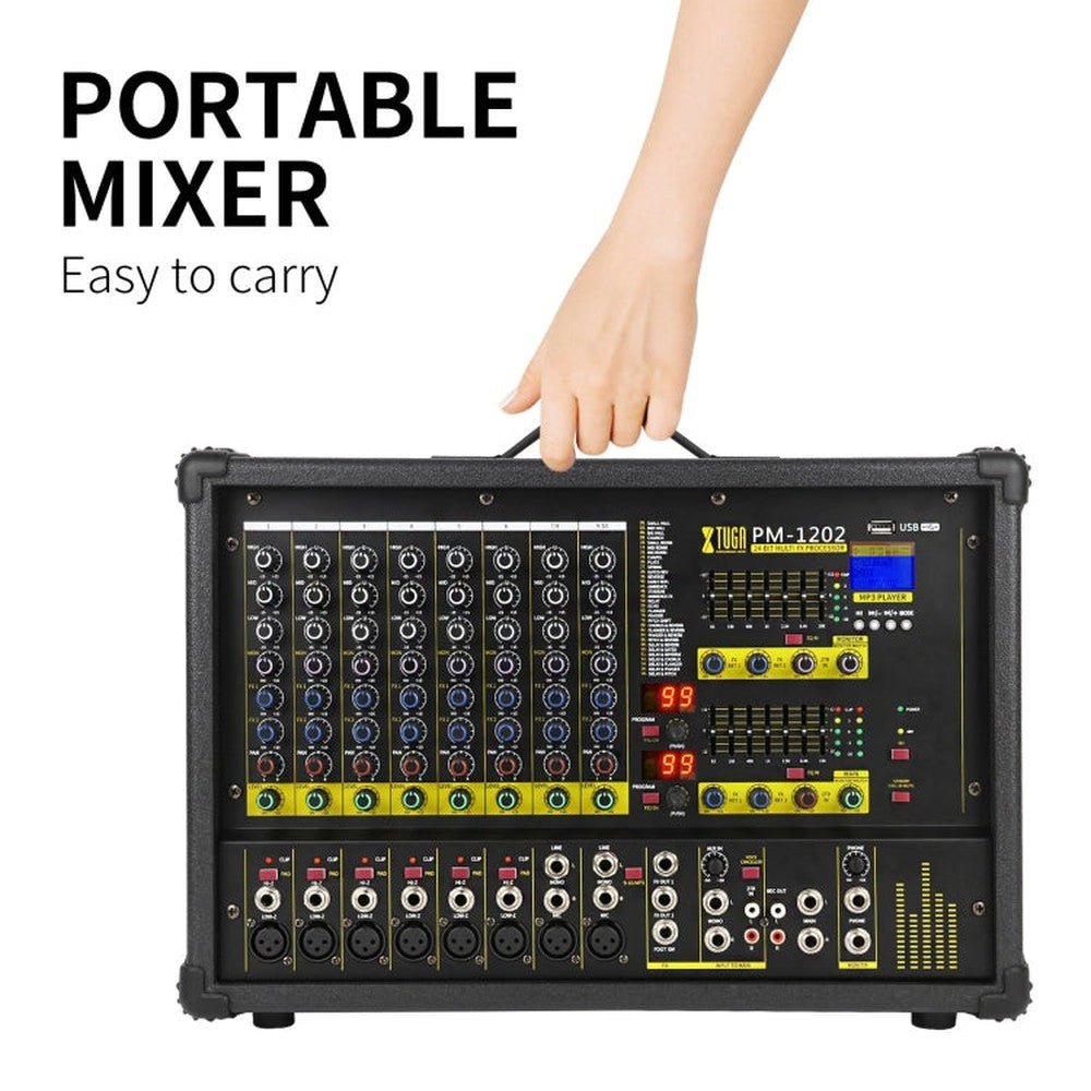 XTUGA PM1202 900W 10 Channel Stage Power Mixer 24Bit Multil - FX Processor Dual 99 DSP Effect DJ Amplifier, PM1202 - laboratorydeal