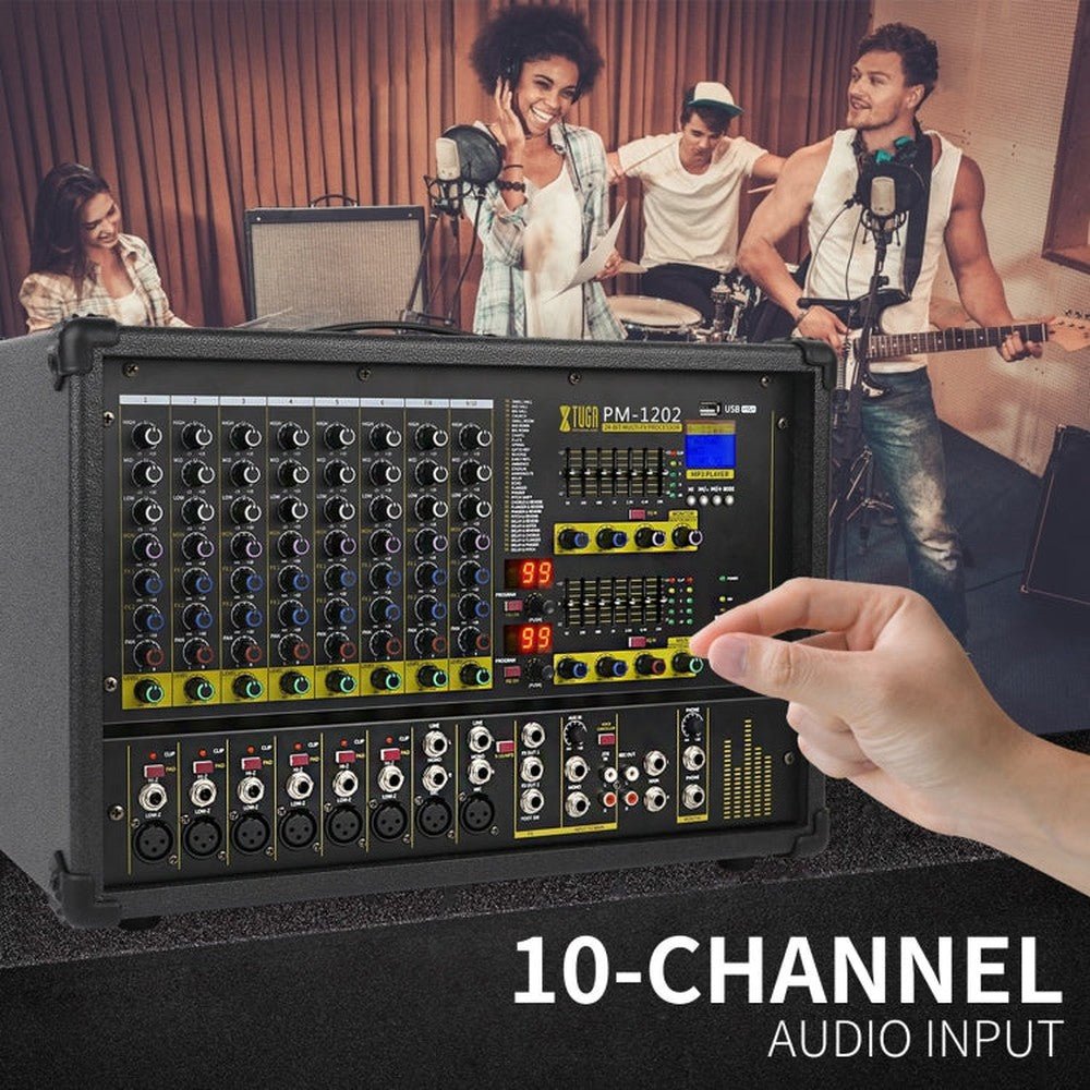 XTUGA PM1202 900W 10 Channel Stage Power Mixer 24Bit Multil - FX Processor Dual 99 DSP Effect DJ Amplifier, PM1202 - laboratorydeal